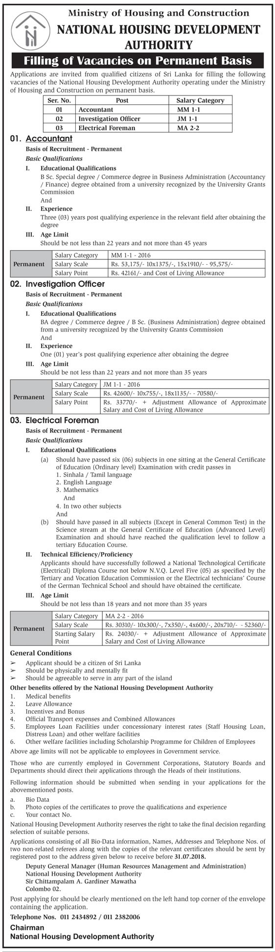 Accountant, Investigation Officer, Electrical Foreman - National Housing Development Authority